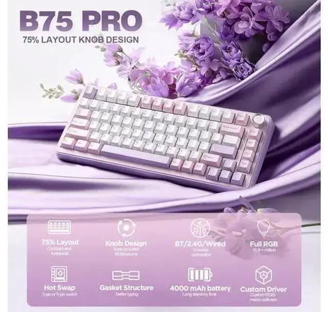 Main image of WISDUM YUNZII B75 PRO Wireless Mechanical Keyboard,75% Layout with Knob,Hot Swap Gasket Custom Structure,Creamy Pre-lubed Switches,RGB Backlit,Bluetooth/Type-C/2.4G for Win/Mac(Milk Switch,Purple)