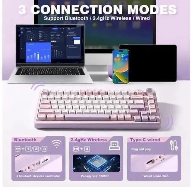 Alt view image 2 of 5 - WISDUM YUNZII B75 PRO Wireless Mechanical Keyboard,75% Layout with Knob,Hot Swap Gasket Custom Structure,Creamy Pre-lubed Switches,RGB Backlit,Bluetooth/Type-C/2.4G for Win/Mac(Milk Switch,Purple)