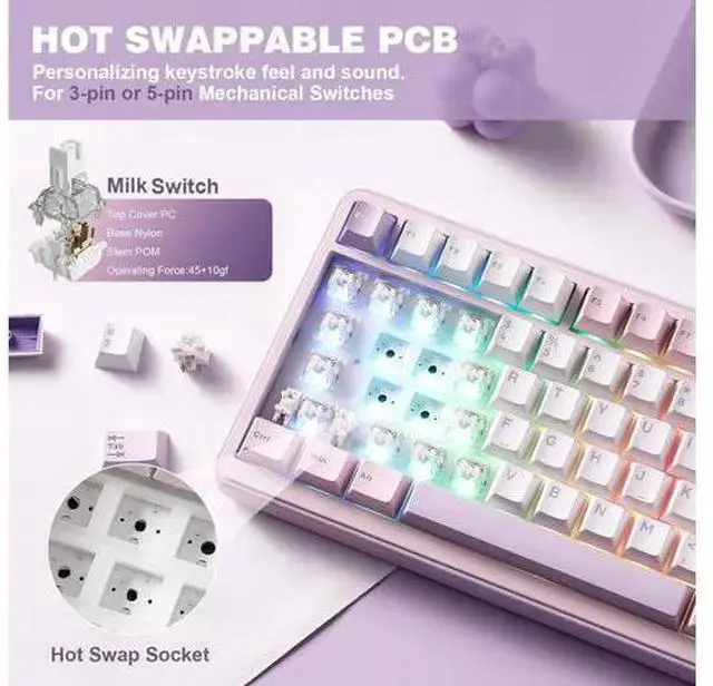 Alt view image 4 of 5 - WISDUM YUNZII B75 PRO Wireless Mechanical Keyboard,75% Layout with Knob,Hot Swap Gasket Custom Structure,Creamy Pre-lubed Switches,RGB Backlit,Bluetooth/Type-C/2.4G for Win/Mac(Milk Switch,Purple)