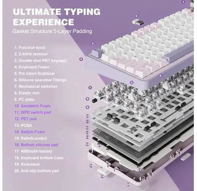 Alt view image 3 of 5 - WISDUM YUNZII B75 PRO Wireless Mechanical Keyboard,75% Layout with Knob,Hot Swap Gasket Custom Structure,Creamy Pre-lubed Switches,RGB Backlit,Bluetooth/Type-C/2.4G for Win/Mac(Milk Switch,Purple)