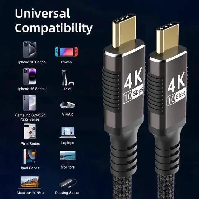 Alt view image 14 of 14 - Long USB C to Usbc Cable 6.6ft Compatible with Thunderbolt 3,USB-C 3.1 Cable 10Gbps Data Transfer,4K@60Hz/2K@120Hz Video Output Monitor Cord,Type-C Nylon Braided PD3.0 100W Fast Charging.