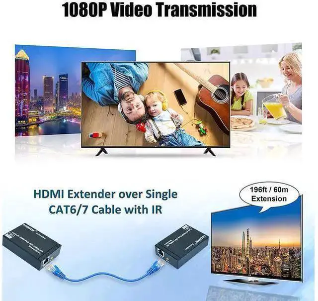 Alt view image 11 of 14 - Extender HDMI RJ45 HDMI extender cat5 60M HDMI extender audio Kit over ethernet cat6/5e for PS4 apple TV PC laptop HDTV eokCXOY