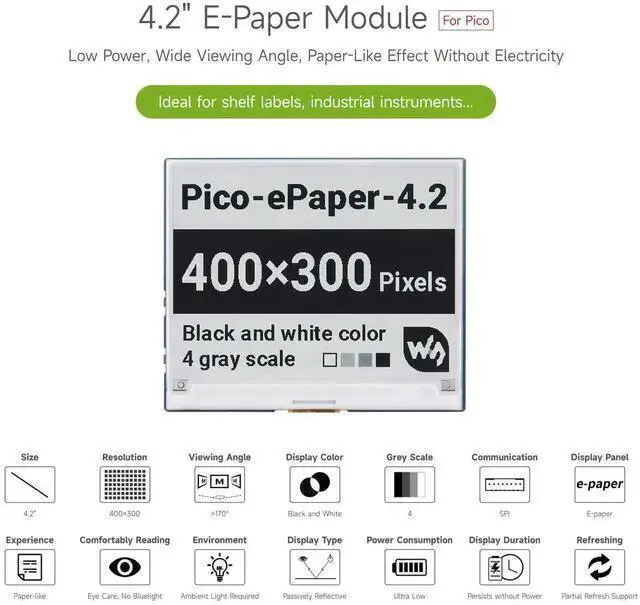 Alt view image 3 of 5 - WISDUM Waveshare 4.2inch E-Paper E-Ink Display Module for Raspberry Pi Pico 400x300 Pixels Black/White with SPI Interface