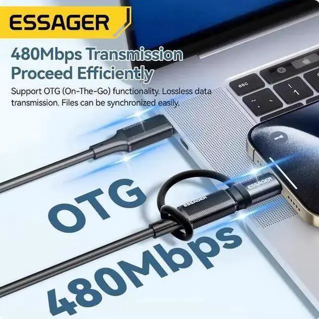 Alt view image 10 of 12 - Essager Lightning to USB-C OTG Adapter, 3A Fast Charging & 480Mbps Data Transfer, Type-C to Lightning Converter, Plug & Play for iPhone 15 Series, Aluminum Mini Portable C female To Lightning male