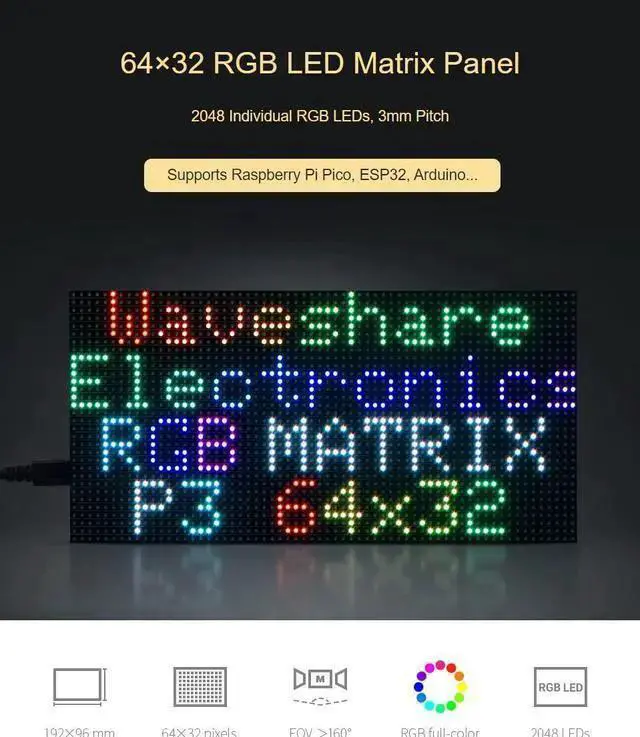 Alt view image 3 of 5 - WISDUM Waveshare RGB Full-Color LED Matrix Panel 64×32 Pixels Display Screen 2048 Individual LEDs 3mm Pitch Compatible with Raspberry Pi 5/4B/3B/Zero/Zero W/Zero 2W/Pico/Pico W/Pico WH, ESP32