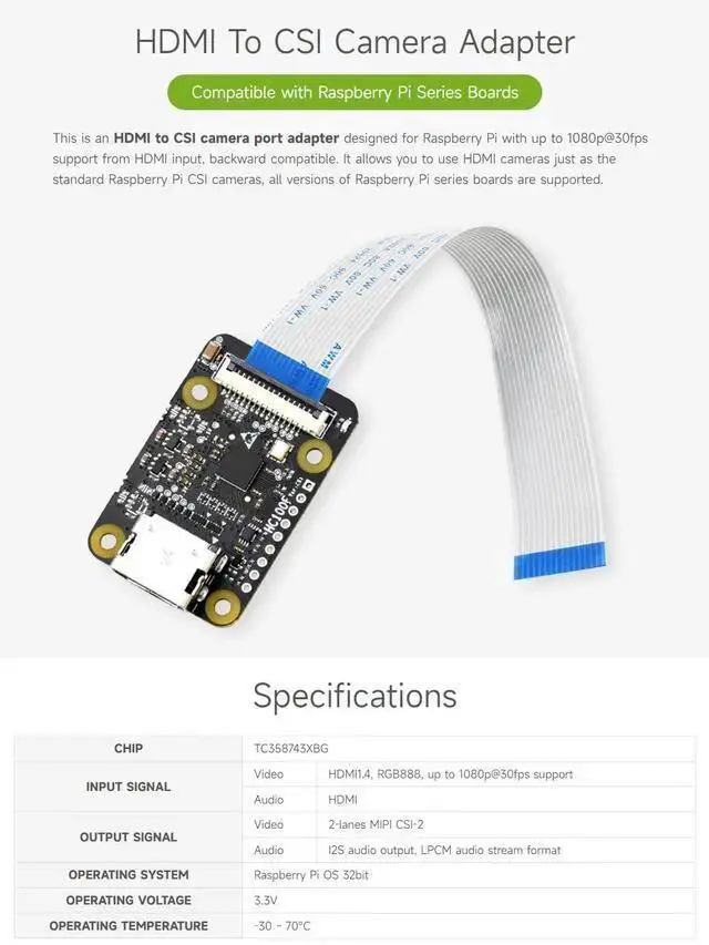 Alt view image 3 of 5 - WISDUM waveshare HDMI to CSI Adapter, Compatible with Raspberry Pi 4B/3B+/3B/Pi Zero/Zero, Support 1080p@30fps Support from HDMI Input Backward Compatible