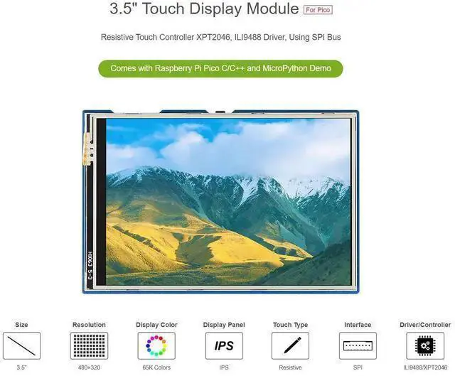 Alt view image 3 of 5 - WISDUM Waveshare 3.5inch Touch Display Module, Compatible with Raspberry Pi Pico/Pico W/Pico WH, Resistive Touch Controller XPT2046, ILI9488 Driver, Using SPI Bus, 65K Colors, 480x320 Pixels, SPI Inte