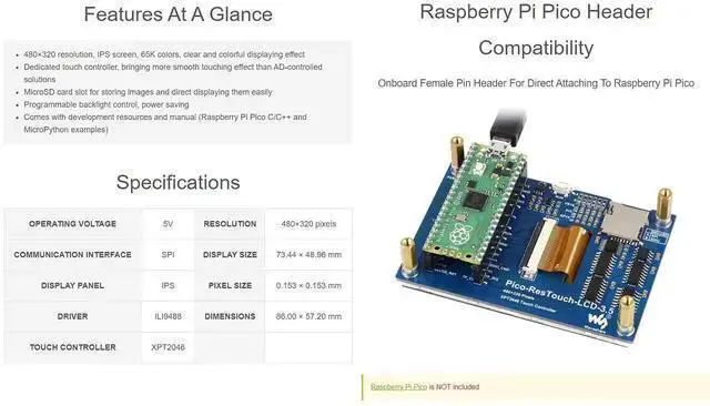 Alt view image 4 of 5 - WISDUM Waveshare 3.5inch Touch Display Module, Compatible with Raspberry Pi Pico/Pico W/Pico WH, Resistive Touch Controller XPT2046, ILI9488 Driver, Using SPI Bus, 65K Colors, 480x320 Pixels, SPI Inte