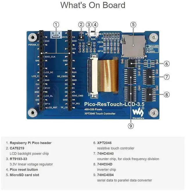 Alt view image 5 of 5 - WISDUM Waveshare 3.5inch Touch Display Module, Compatible with Raspberry Pi Pico/Pico W/Pico WH, Resistive Touch Controller XPT2046, ILI9488 Driver, Using SPI Bus, 65K Colors, 480x320 Pixels, SPI Inte