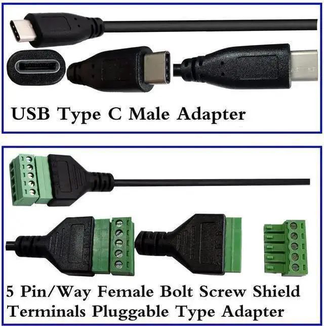 Alt view image 10 of 11 - Type C USB Screw Terminal Block Connector Cable 2.0 Type C USB Male Plug to 5 Pin Way Female Bolt Screw with Shield terminals Pluggable Type Adapter Connector Converter Cable30CM2Pack Male