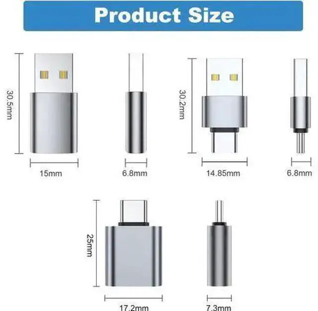 Alt view image 6 of 6 - WISDUM A USB C Adapter (6 Pack), USB A Male to USB C Male, USB 3.0 Male to USB C Female, USB Type-C Male to USB 3.0 Female Converter Connector (Grey)