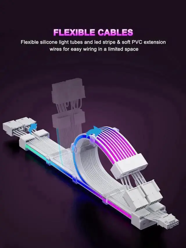 Alt view image 9 of 14 - RGB 12VHPWR Cable Set,ARGB PSU Extension of Soft LED Strip Include 24Pin ATX,16 Pin to 2×8 Pin GPU Power Supply Cables for RTX 5090 5080 4080 PC Custom