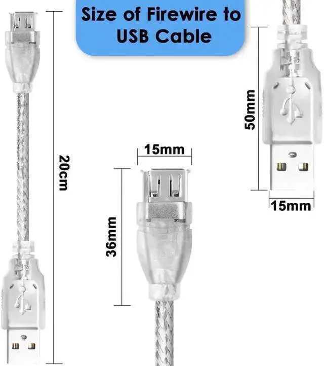 Alt view image 14 of 14 - Firewire to USB Adapter Cable 6-Pin IEEE 1394 Female to USB 2.0 Male Converter Cord for Digital Video Camera Printer More with Firewire 400 1394-a Connector (Transparent Shell) 20cm/7.87inch