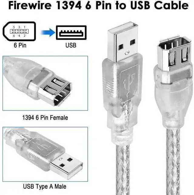 Alt view image 9 of 14 - Firewire to USB Adapter Cable 6-Pin IEEE 1394 Female to USB 2.0 Male Converter Cord for Digital Video Camera Printer More with Firewire 400 1394-a Connector (Transparent Shell) 20cm/7.87inch