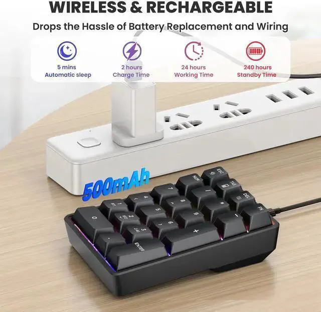 Alt view image 4 of 7 - WISDUM Number Pad Wireless 2.4G/Bluetooth 5.0/Wired USB-C 3 Mode Numeric Keypad,21Keys RGB Backlit Hot Swappable Numpad, Rechargeable Number keypad, Mechanical numberpad with PBT Keycap for PC/Laptop/