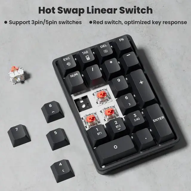 Alt view image 5 of 7 - WISDUM Number Pad Wireless 2.4G/Bluetooth 5.0/Wired USB-C 3 Mode Numeric Keypad,21Keys RGB Backlit Hot Swappable Numpad, Rechargeable Number keypad, Mechanical numberpad with PBT Keycap for PC/Laptop/