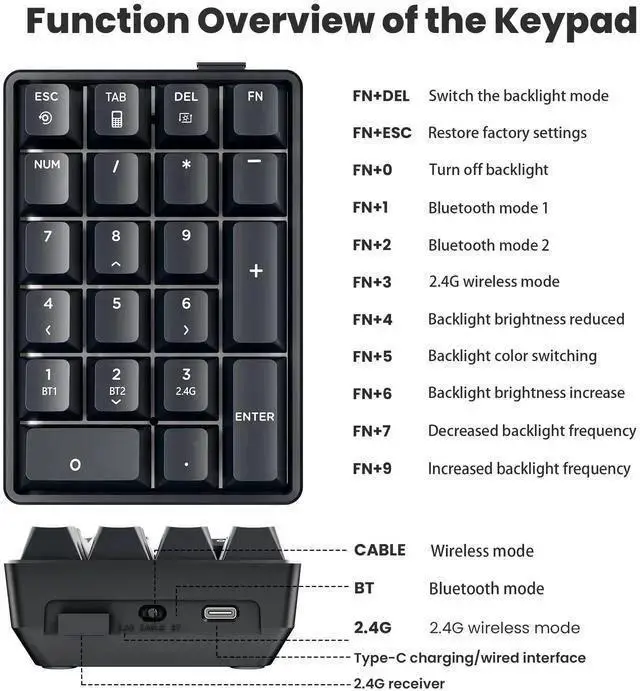 Alt view image 2 of 7 - WISDUM Number Pad Wireless 2.4G/Bluetooth 5.0/Wired USB-C 3 Mode Numeric Keypad,21Keys RGB Backlit Hot Swappable Numpad, Rechargeable Number keypad, Mechanical numberpad with PBT Keycap for PC/Laptop/