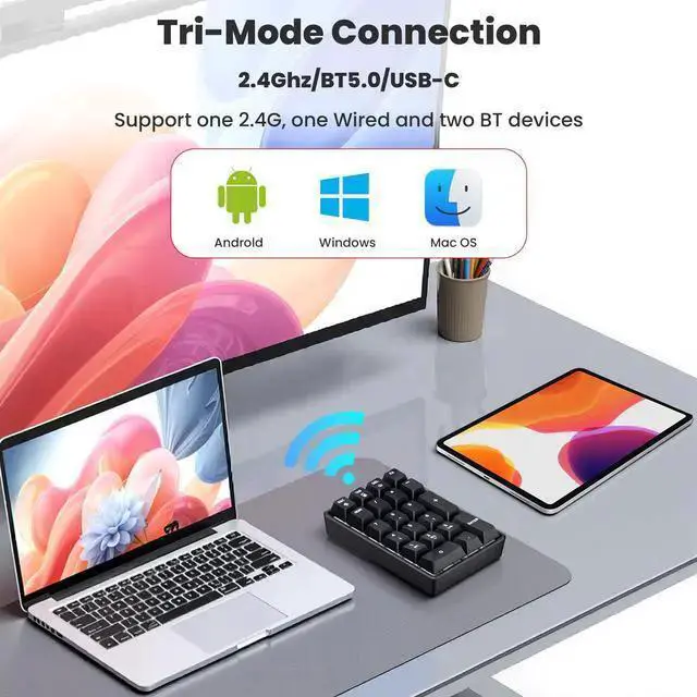 Alt view image 3 of 7 - WISDUM Number Pad Wireless 2.4G/Bluetooth 5.0/Wired USB-C 3 Mode Numeric Keypad,21Keys RGB Backlit Hot Swappable Numpad, Rechargeable Number keypad, Mechanical numberpad with PBT Keycap for PC/Laptop/