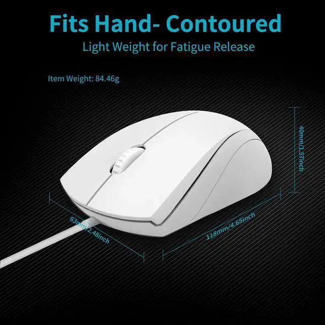 Alt view image 7 of 7 - WISDUM Rapoo N1600 Silent Wired Mouse, 1000 DPI Optical Computer Mouse, 5ft Cord, USB-A, Ambidextrous for Left and Right Hands, Compatible with PC, Laptop, Mac, Chrome - Matte White