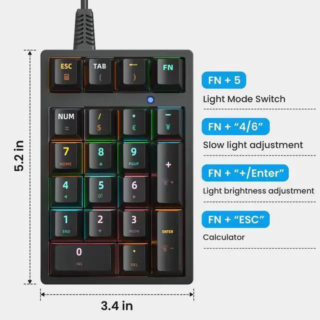 Alt view image 4 of 7 - WISDUM Number Pad, Mechanical USB Wired Numeric Keypad with RGB LED Backlit 21 Key Numpad,Mechanical Numeric Keypad for Laptop Desktop Computer PC Blue Switch (Black)