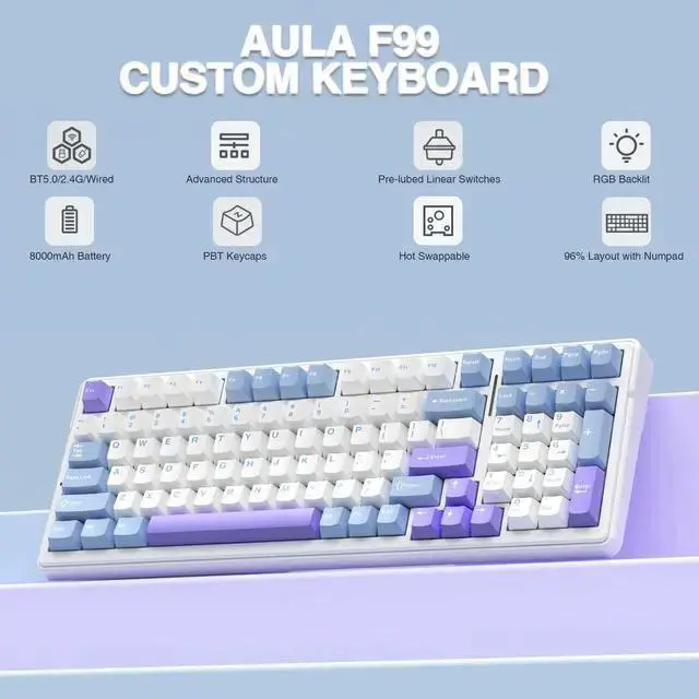 Alt view image 2 of 7 - WISDUM AULA F99 Wireless Mechanical Keyboard,Tri-Mode BT5.0/2.4GHz/USB-C Hot Swappable Custom Keyboard,Pre-lubed Linear Switches,Gasket Structure,RGB Backlit Gaming Keyboard for PC/Tablet/Xbox/PS4/PS5