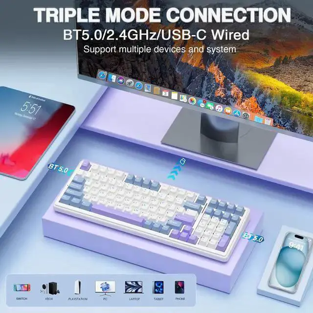 Alt view image 3 of 7 - WISDUM AULA F99 Wireless Mechanical Keyboard,Tri-Mode BT5.0/2.4GHz/USB-C Hot Swappable Custom Keyboard,Pre-lubed Linear Switches,Gasket Structure,RGB Backlit Gaming Keyboard for PC/Tablet/Xbox/PS4/PS5