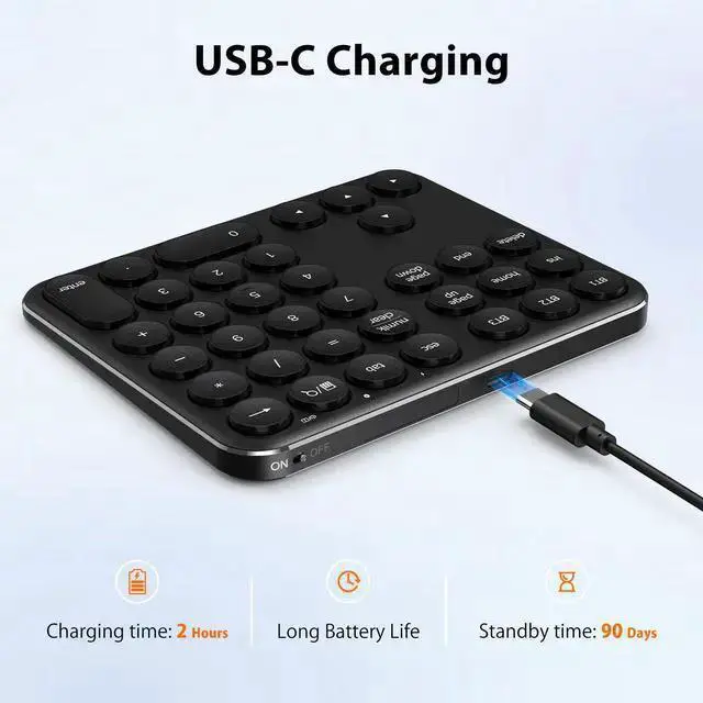 Alt view image 3 of 7 - WISDUM Bluetooth Number Pad, Multi-Device Wireless Numeric Keypad, USB-C Rechargeable, 35 Keys Portable Numpad for Data Entry, Financial Accounting, Compatible with Laptop, Mac, iMac, Tablet, PC