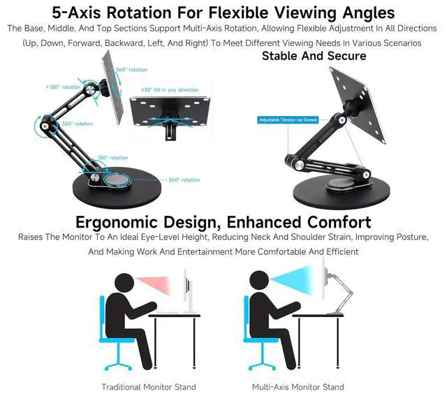 Alt view image 3 of 7 - VESA Portable Monitor Stand, Compatible with Monitors Up to 19inch, Supports 50 x 50/75 x 75/100 x 100 (mm) VESA Mounting Holes, Supports Multi-Axis Rotation, Adjustable & Foldable