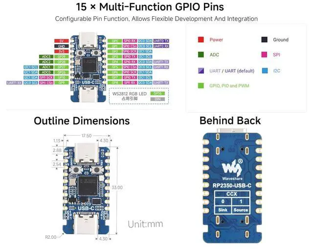 Alt view image 4 of 6 - RP2350 USB-C Microcontroller Development Board Based On RPi RP2350A, Dual-Core & Dual-Architecture, Castellated Module, for SMD Applications