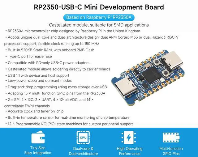 Alt view image 2 of 6 - RP2350 USB-C Microcontroller Development Board Based On RPi RP2350A, Dual-Core & Dual-Architecture, Castellated Module, for SMD Applications