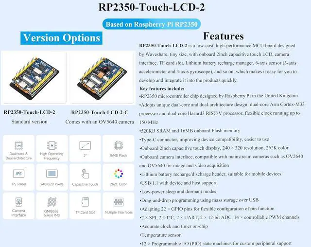 Alt view image 2 of 7 - RP2350 2inch Capacitive Touch Display Development Board, Onboard 240x320 Pixels IPS LCD 262K Color 16MB Flash, Tiny Size with Rich Interface Better Expandability, with OV5640 Camera Module