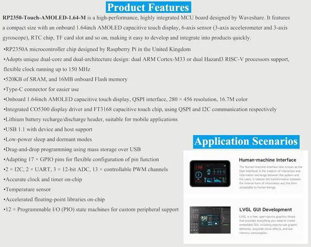 Alt view image 4 of 7 - RP2350 1.64inch AMOLED Touch Display Development Board, 280x456, QSPI Interface, Onboard Accelerometer and Gyroscope Sensor, Dual-Core and Dual-Architecture Processor, Rich Functions, with Header