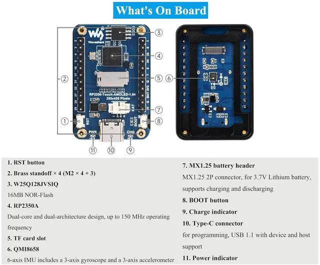Alt view image 6 of 7 - RP2350 1.64inch AMOLED Touch Display Development Board, 280x456, QSPI Interface, Onboard Accelerometer and Gyroscope Sensor, Dual-Core and Dual-Architecture Processor, Rich Functions, with Header