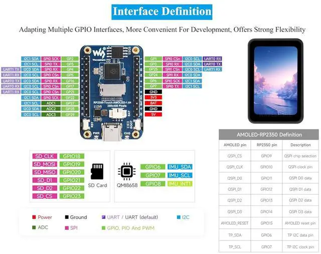 Alt view image 7 of 7 - RP2350 1.64inch AMOLED Touch Display Development Board, 280x456, QSPI Interface, Onboard Accelerometer and Gyroscope Sensor, Dual-Core and Dual-Architecture Processor, Rich Functions, with Header