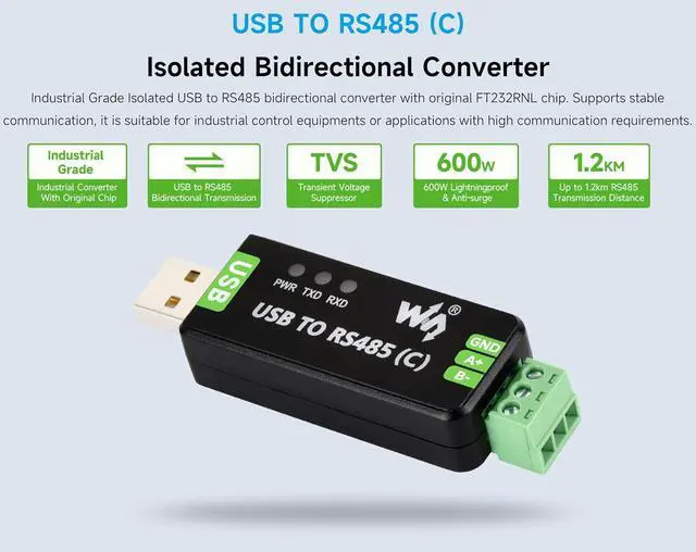 Alt view image 2 of 7 - USB to RS485 Bidirectional Converter, with FT232RNL Stable Chip, Industrial Grade Isolated Adapter, with Isolated Transceiver and TVS Protection Circuits, etc. Up to 1.2km RS485 Transmission Distance