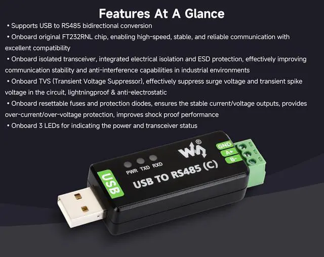Alt view image 3 of 7 - USB to RS485 Bidirectional Converter, with FT232RNL Stable Chip, Industrial Grade Isolated Adapter, with Isolated Transceiver and TVS Protection Circuits, etc. Up to 1.2km RS485 Transmission Distance