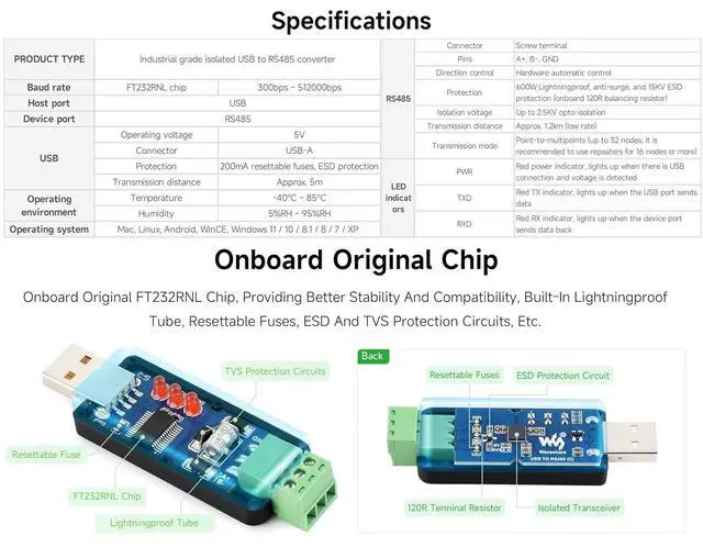 Alt view image 4 of 7 - USB to RS485 Bidirectional Converter, with FT232RNL Stable Chip, Industrial Grade Isolated Adapter, with Isolated Transceiver and TVS Protection Circuits, etc. Up to 1.2km RS485 Transmission Distance