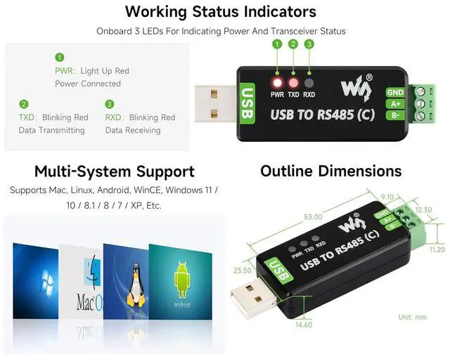Alt view image 6 of 7 - USB to RS485 Bidirectional Converter, with FT232RNL Stable Chip, Industrial Grade Isolated Adapter, with Isolated Transceiver and TVS Protection Circuits, etc. Up to 1.2km RS485 Transmission Distance