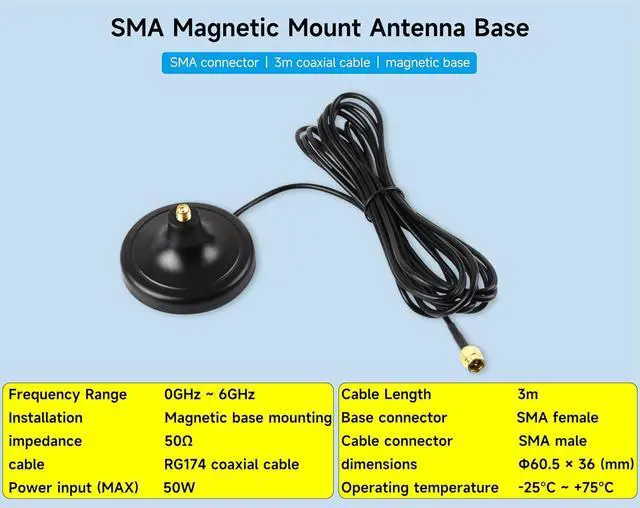 Alt view image 2 of 4 - SMA Magnetic Mount Antenna Base, SMA Connector, 3m Coaxial Cable, Compatible with Multiple GNSS Positioning Modules