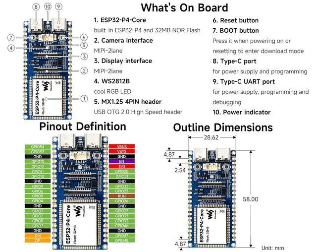 Alt view image 4 of 7 - ESP32-P4-Core Dev Board, Rich Interfaces for HM, Edge Computing, IO Expand | ESP32-P4 RISC-V 32-bit Dual-Core Processors, MIPI CSI DSI, SPI, I2S, I2C, LED PWM, RMT, ADC, UART, TWAI Interfaces