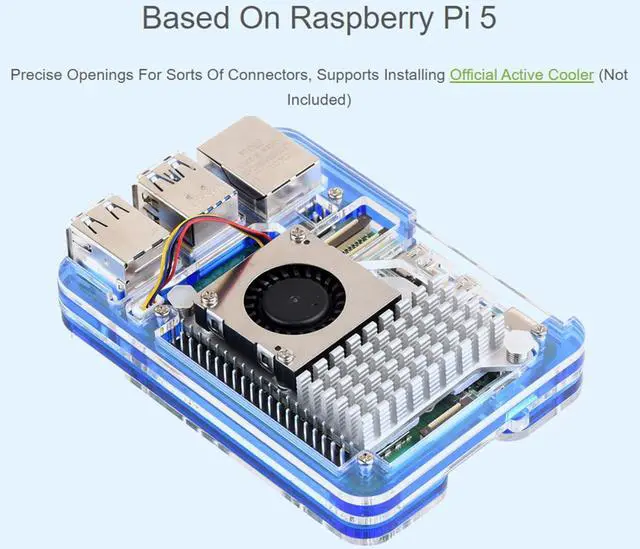 Alt view image 3 of 7 - Transparent and Blue Acrylic Case for Raspberry Pi 5, Supports Installing Official Active Cooler