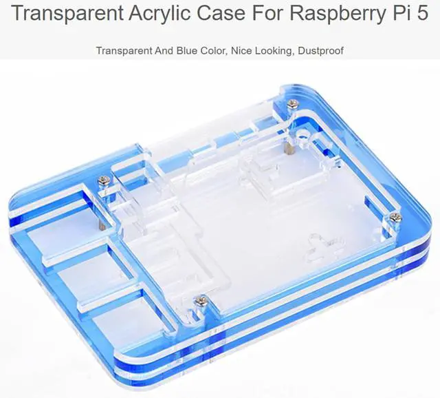Alt view image 2 of 7 - Transparent and Blue Acrylic Case for Raspberry Pi 5, Supports Installing Official Active Cooler