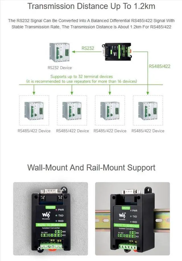 Alt view image 3 of 6 - waveshare RS232 to RS485/422 Serial Adapter Converter with SP3232EEN and SP485EEN Chips, 300~921600bps Stable Transmission Onboard Multiple Protections (DB9 Female Port)