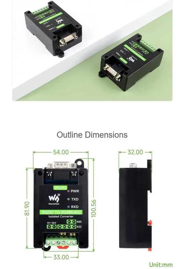 Alt view image 6 of 6 - waveshare RS232 to RS485/422 Serial Adapter Converter with SP3232EEN and SP485EEN Chips, 300~921600bps Stable Transmission Onboard Multiple Protections (DB9 Female Port)