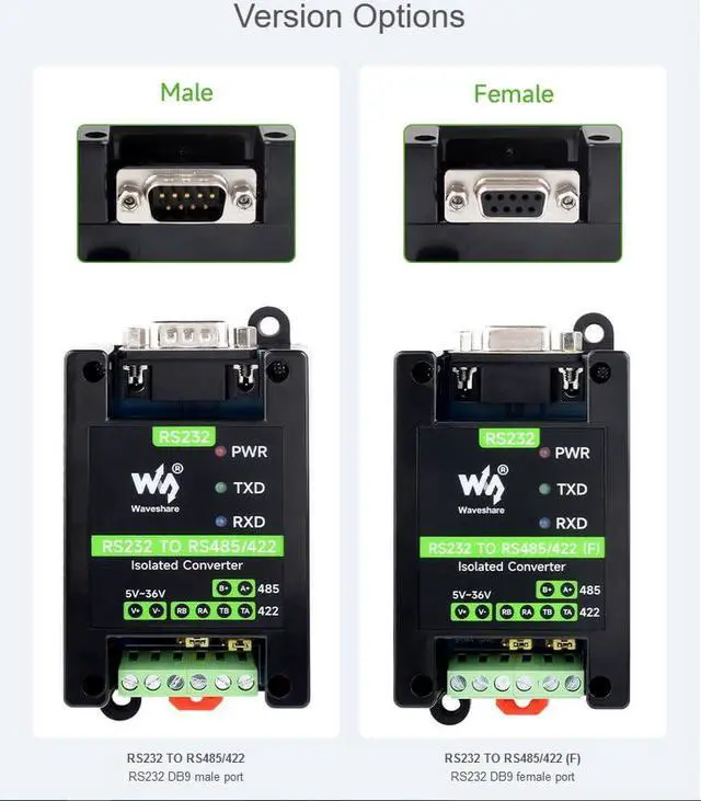 Alt view image 4 of 6 - waveshare RS232 to RS485/422 Serial Adapter Converter with SP3232EEN and SP485EEN Chips, 300~921600bps Stable Transmission Onboard Multiple Protections (DB9 Female Port)