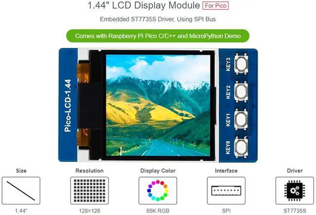 Alt view image 3 of 7 - waveshare 1.44inch LCD Display Module for Raspberry Pi Pico, 128×128 Resolution TFT Display Panel 65K RGB Display Color Clear and Colorful Display Effect SPI Interface 3.15V ~ 5V