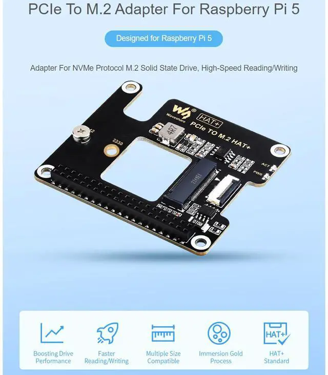 Alt view image 3 of 7 - PCIe to M.2 Adapter for Raspberry Pi 5, Support M.2 NVMe Solid State Drive 2230/2242, Gen2 and Gen3 Modes, Booting Pi5 from Solid State Drive, High-Speed Reading/Writing, HAT + Standard