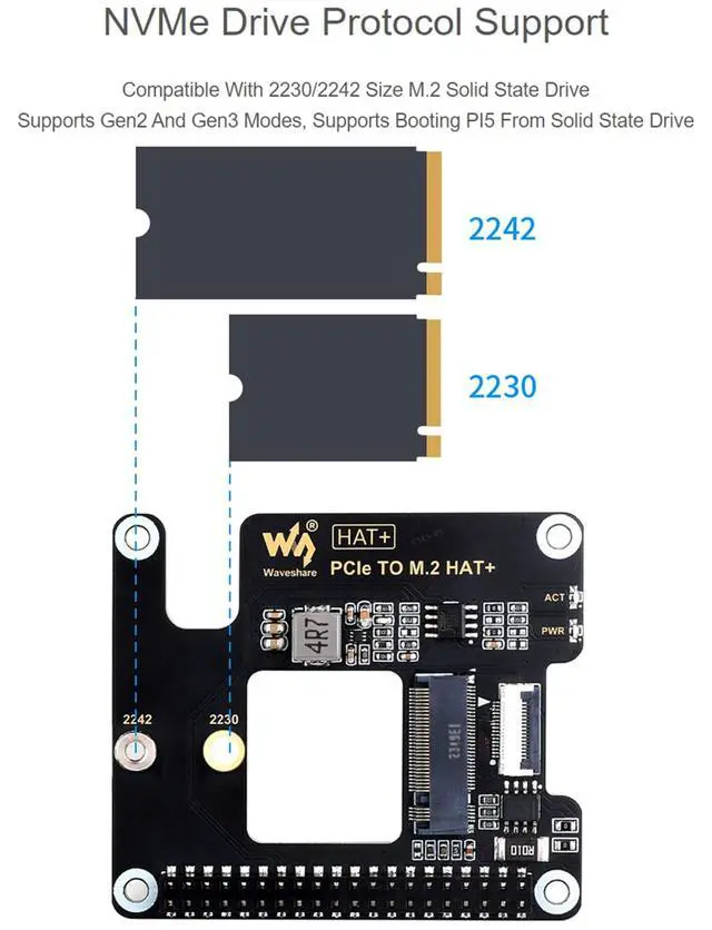Alt view image 5 of 7 - PCIe to M.2 Adapter for Raspberry Pi 5, Support M.2 NVMe Solid State Drive 2230/2242, Gen2 and Gen3 Modes, Booting Pi5 from Solid State Drive, High-Speed Reading/Writing, HAT + Standard
