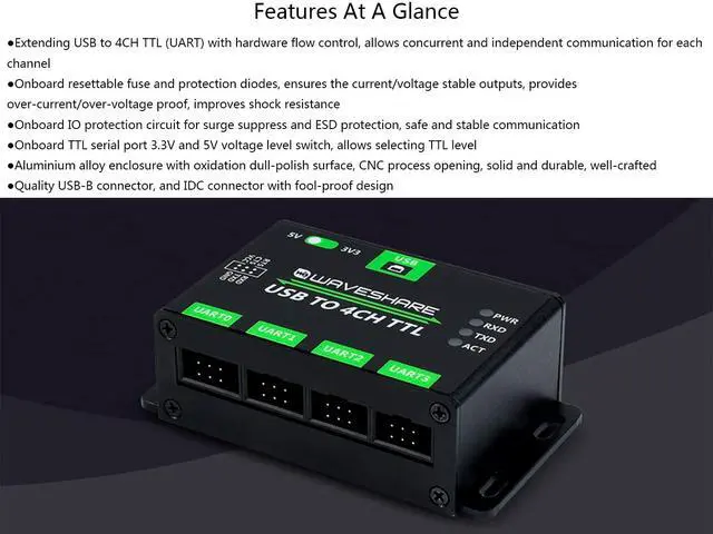 Alt view image 3 of 7 - waveshare Industrial USB to 4-CH TTL Converter Adapter USB to UART Support Multi Protection/Systems /Win7/8/8.1/10/11, Linux, etc