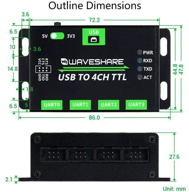 Alt view image 7 of 7 - waveshare Industrial USB to 4-CH TTL Converter Adapter USB to UART Support Multi Protection/Systems /Win7/8/8.1/10/11, Linux, etc